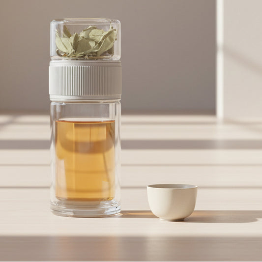 Kaksiseinäinen lasinen teekuppi teesiivilällä